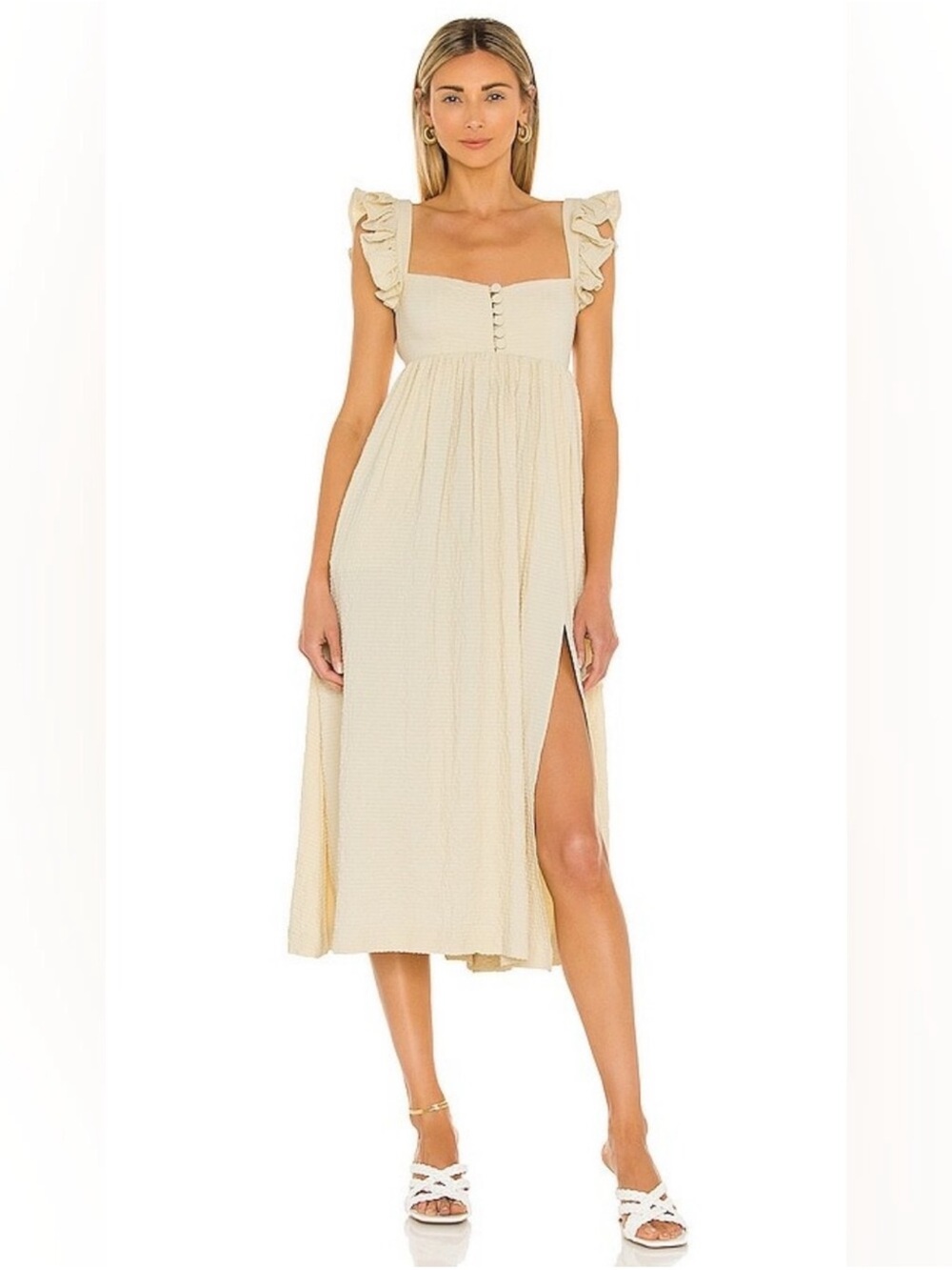 LPA Cream Ruffle-Shoulder Midi Dress with Side Slit